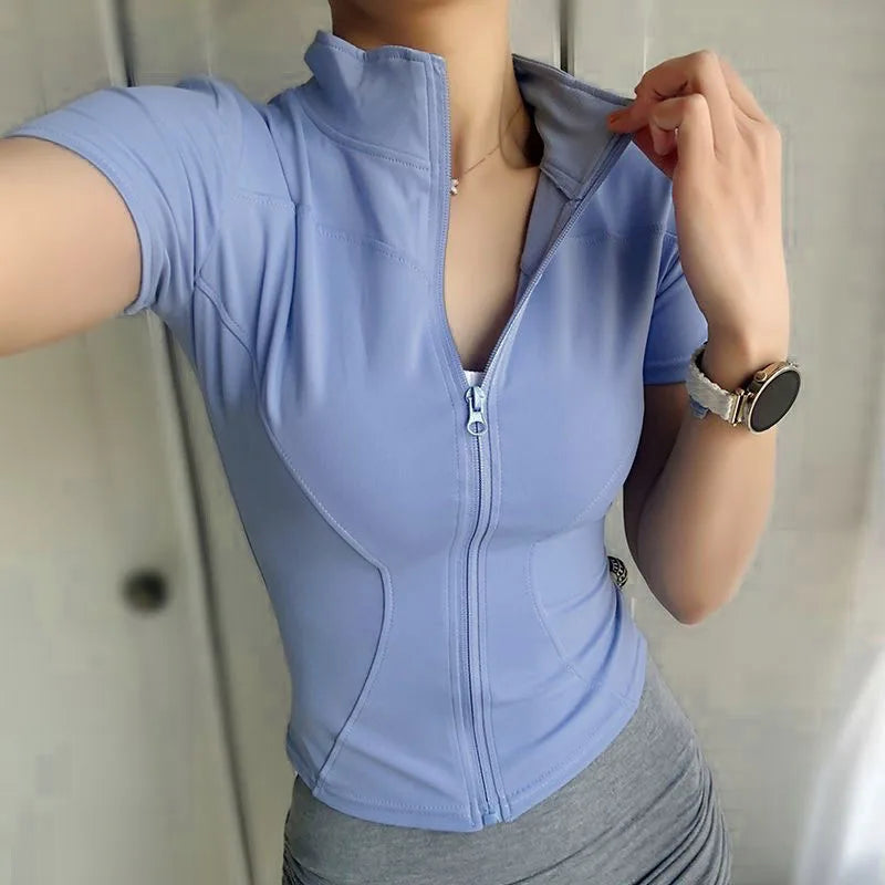 Women Sport T Shirt Slim Fit Quick-drying Full Zip Tops Outdoor Fitness Running Short Sleeve Motorcycle Riding T-shirt Yoga Wear
