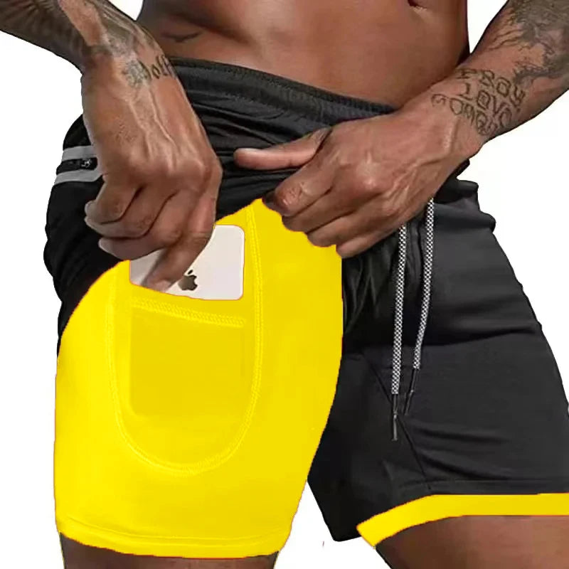 Men's 2-in-1 Compression Running Shorts Fluorescent-Yellow