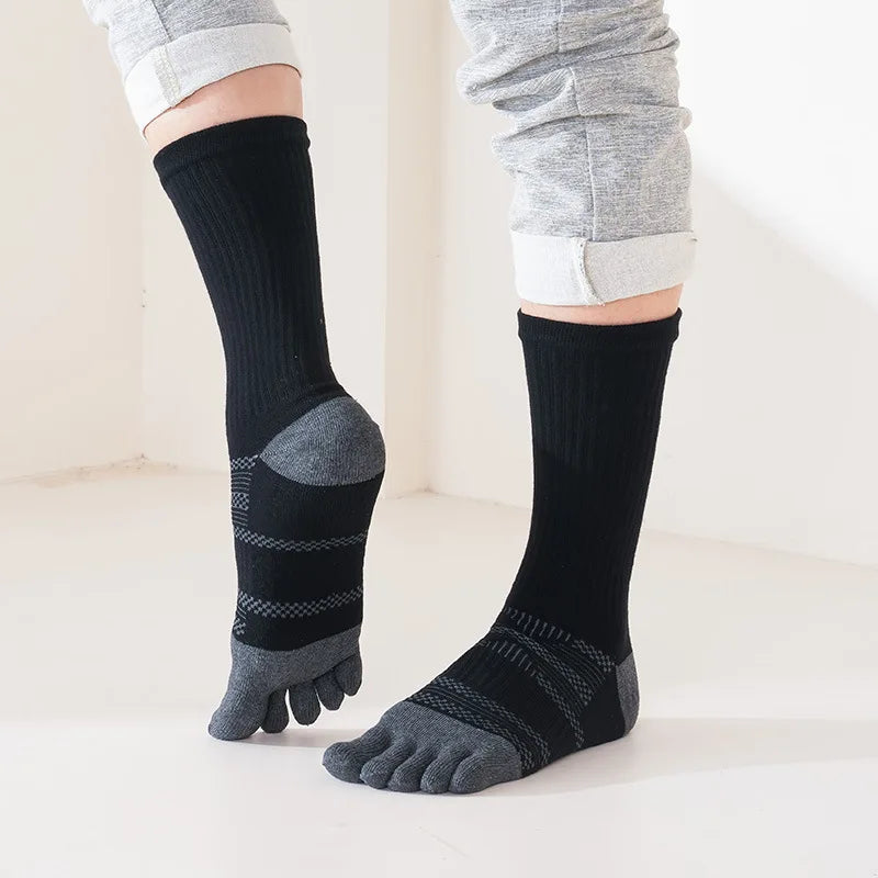 Sport 5 Finger Socks Man Long Compression Thick Solid Sweat-Absorbing Fitness Hiking Outdoor Basketball Calf Toe Socks