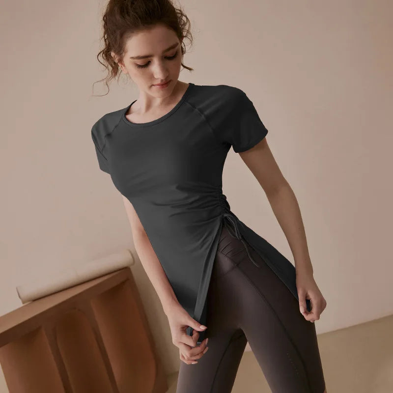 Breathable Fitness Shirt Side Drawstring Split Top Cover Hips Blouse