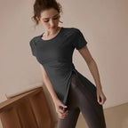 Breathable Fitness Shirt Side Drawstring Split Top Cover Hips Blouse