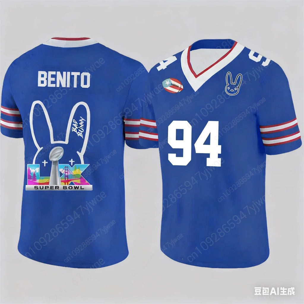 Bad Bunny Halftime Show Benito No.94 Print Rugby Jersey American Sports Tee V-neck Speed Drying Sportswear Summer Men's T-shirt