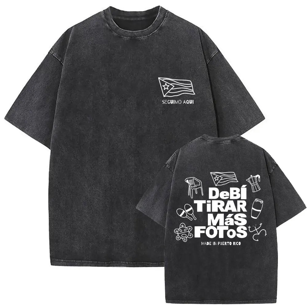 Rap Singer Bad Bunny Face Pattern T-shirt DeBi TiRAR MaS FOTOS DTMF Printed T-shirt for Men Women, Washed Retro Hip-hop T-shirt