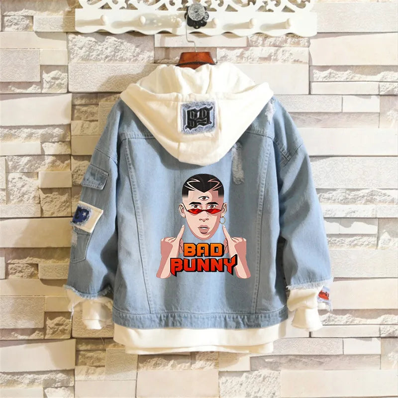Bad Bunny Un Verano Sin Ti Men Light Blue Denim Jackets Women Men's Slim Casual Denim Coats New Male High Quality Jean Coats