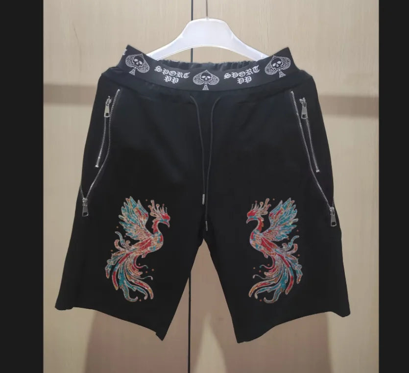 Men's Slim Fit Track Pants – Multi-Pocket Rhinestone Sweatpants short