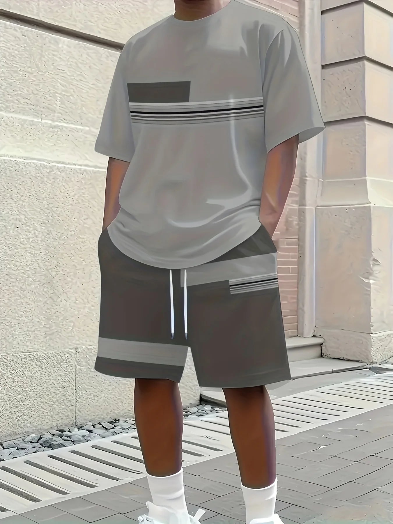 Men's 3D Print Short-Sleeve Co-ord Set grey brown