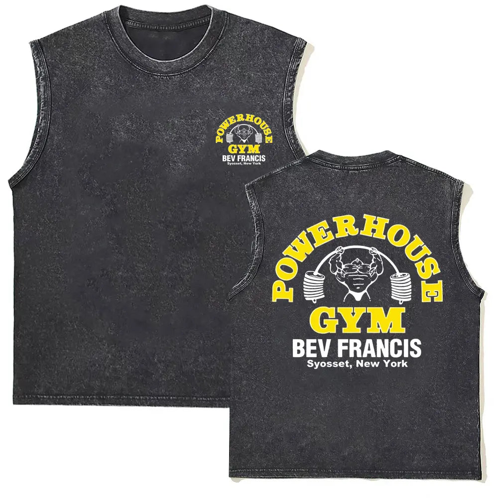 Washed Vintage Powerhouse Gym Logo Double Sided Print Tank Tops T-shirts Men Women Casual Oversized Geek Fitness Vest T Shirts