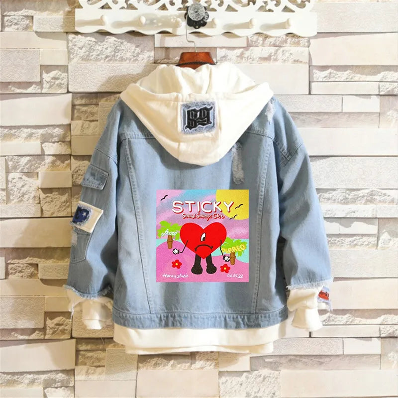 Bad Bunny Un Verano Sin Ti Men Light Blue Denim Jackets Women Men's Slim Casual Denim Coats New Male High Quality Jean Coats