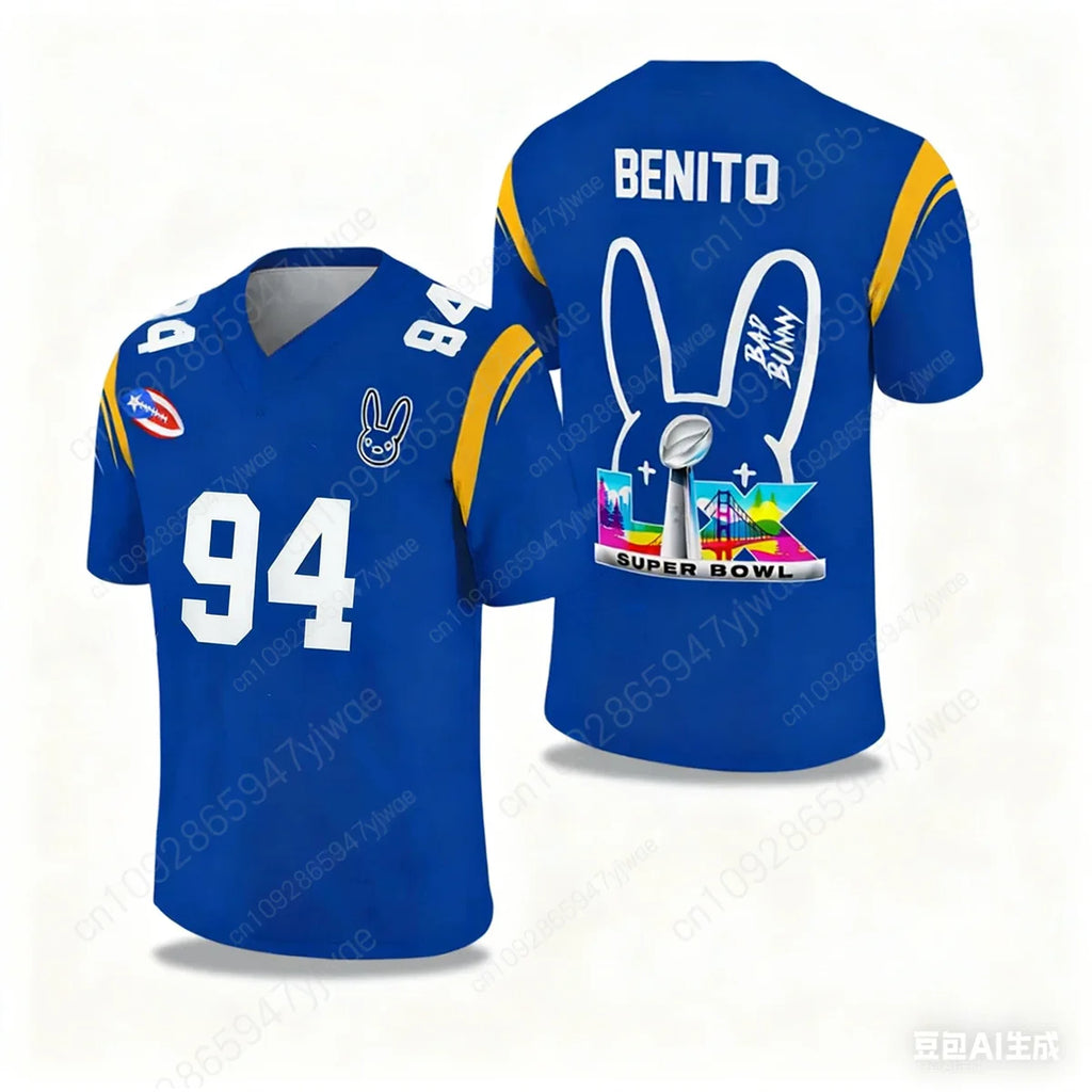 Bad Bunny Halftime Show Benito No.94 Print Rugby Jersey American Sports Tee V-neck Speed Drying Sportswear Summer Men's T-shirt