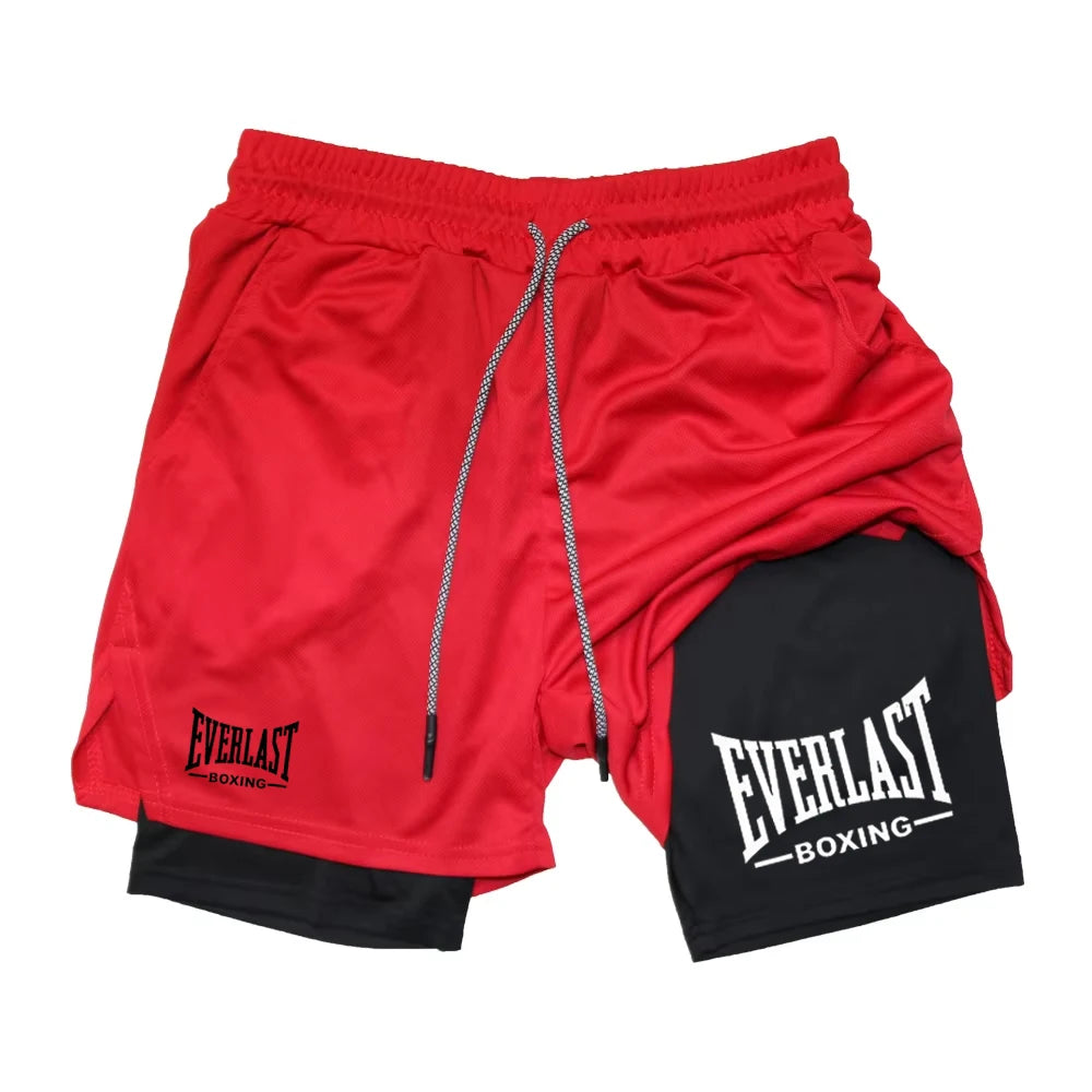 Men's Printed Double-Layer Compression Gym Shorts red