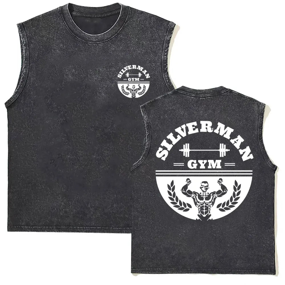 Washed Vintage Powerhouse Gym Logo Double Sided Print Tank Tops T-shirts Men Women Casual Oversized Geek Fitness Vest T Shirts