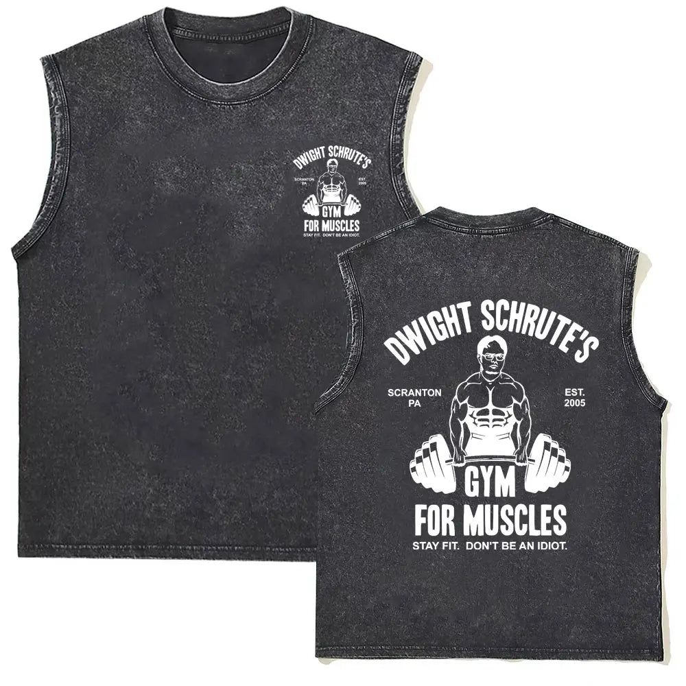 Washed Vintage Powerhouse Gym Logo Double Sided Print Tank Tops T-shirts Men Women Casual Oversized Geek Fitness Vest T Shirts