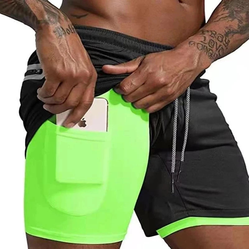 Men's 2-in-1 Compression Running Shorts Fluorescent-Green