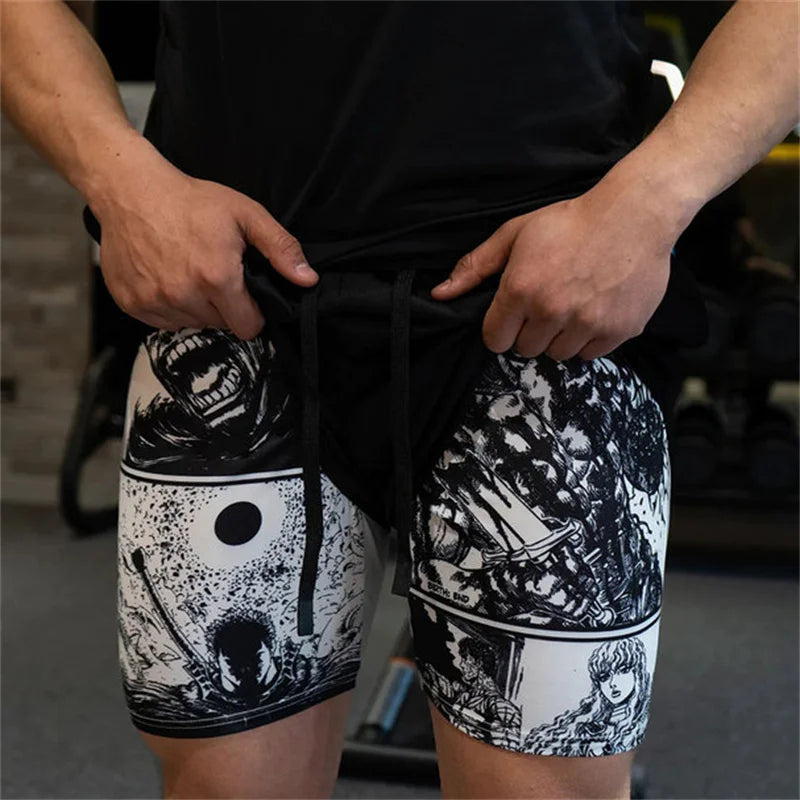 Anime Sports Fitness  Shorts Men's Shorts 2 In 1