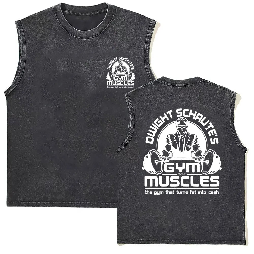 Washed Vintage Powerhouse Gym Logo Double Sided Print Tank Tops T-shirts Men Women Casual Oversized Geek Fitness Vest T Shirts