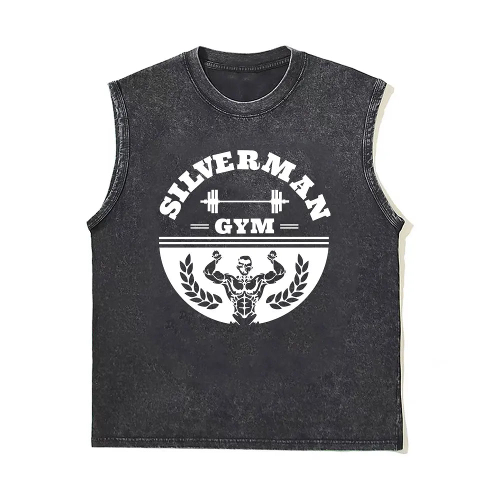 Washed Vintage Powerhouse Gym Logo Double Sided Print Tank Tops T-shirts Men Women Casual Oversized Geek Fitness Vest T Shirts