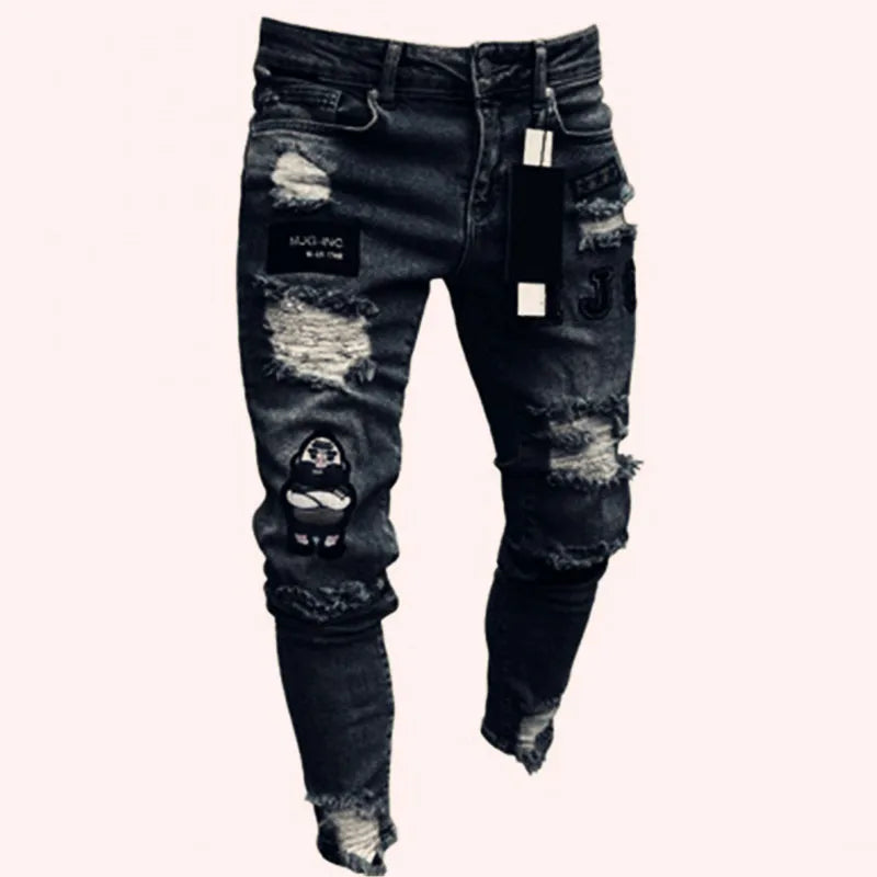 Men's White Embroidery Skinny Ripped Jeans Picture color 1