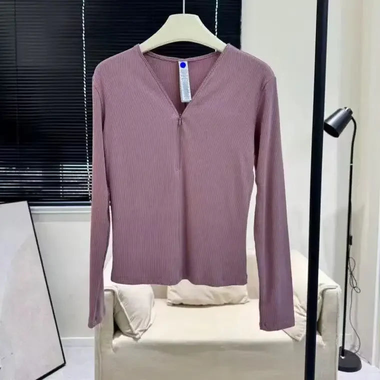 Sports Yoga Shirts Long-sleeved Tops for Women Quick-drying Fitness Pilates V Neck T-shirt Solid Black Slim Solid Training Women