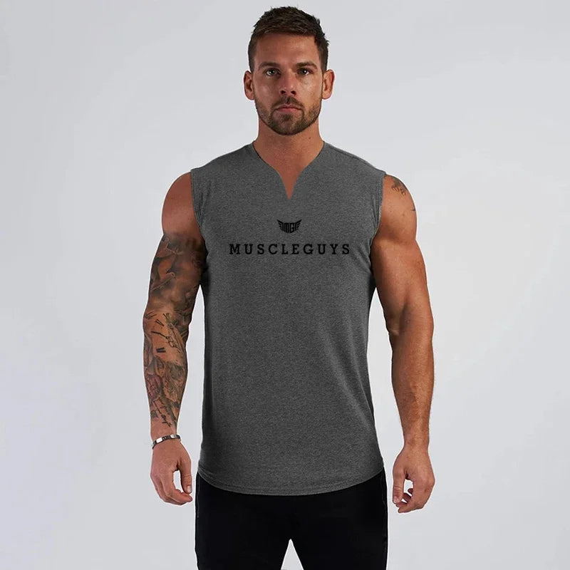 Muscleguys Brand Gym Clothing V Neck Compression Sleeveless Shirt Fitness Mens Tank Top Cotton Bodybuilding Tanktop Workout Vest
