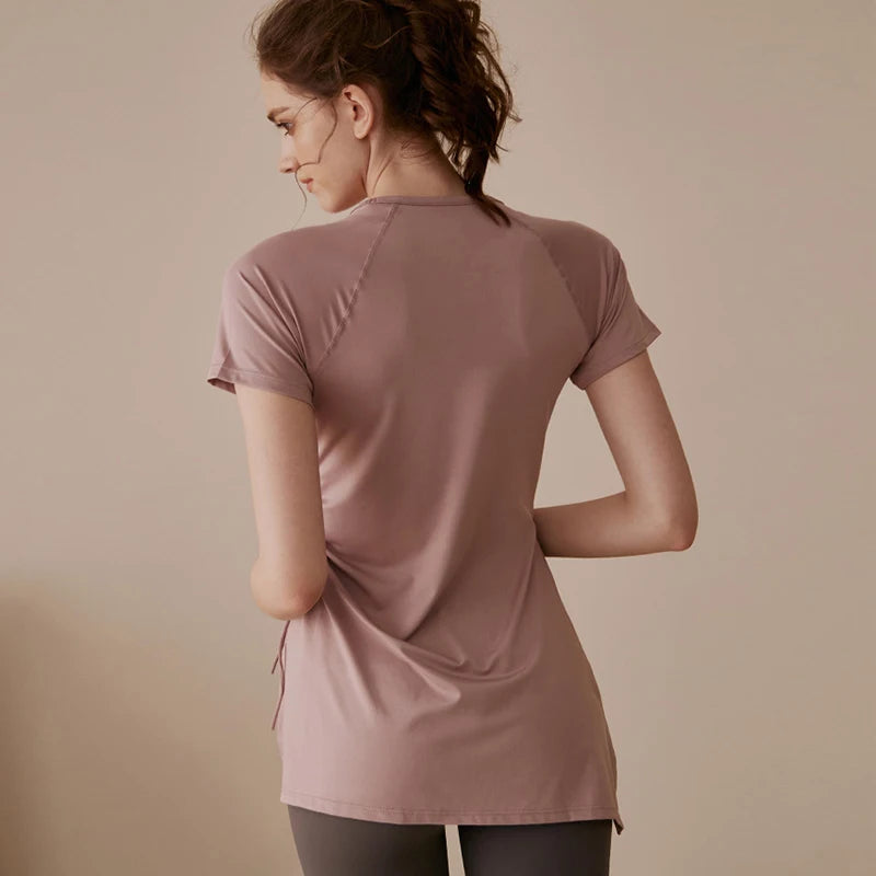 Breathable Fitness Shirt Side Drawstring Split Top Cover Hips Blouse