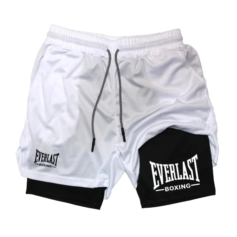 Men's Printed Double-Layer Compression Gym Shorts white