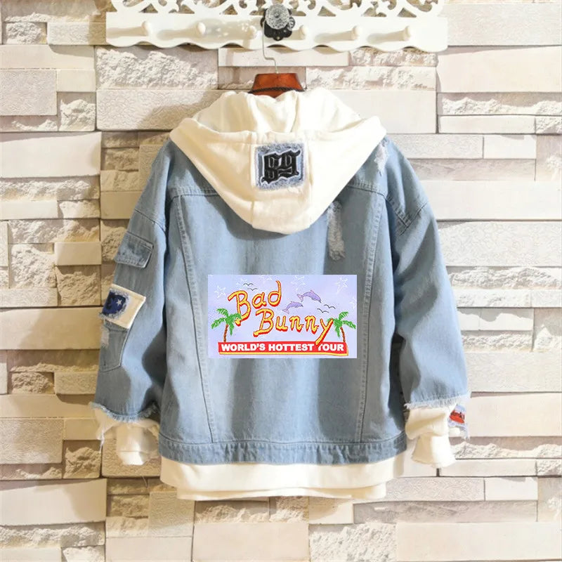 Bad Bunny Un Verano Sin Ti Men Light Blue Denim Jackets Women Men's Slim Casual Denim Coats New Male High Quality Jean Coats