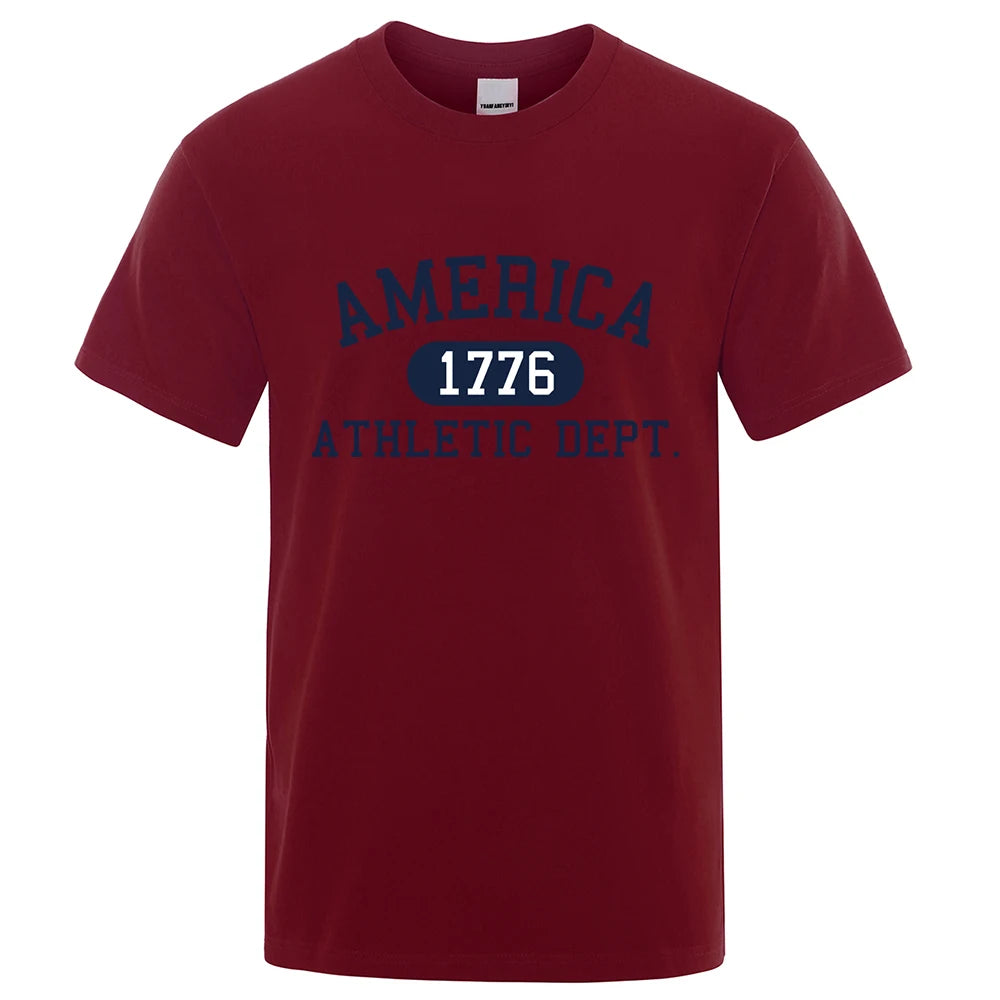 America 1776 Athletic Dept Letter Tshirt Man Fashion Tee Clothes Summer Luxury T-Shirt Hip Hop Breathable Cotton Tee Clothes