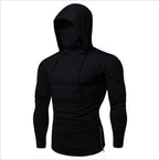 Men Athletic Hoodies Fashion Slim Fit Long Sleeve Sweatshirt with Mask Design Solid Color Sport Fitness Casual Pullover Outwear