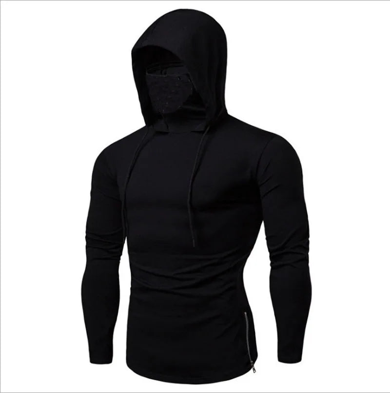 Men Athletic Hoodies Fashion Slim Fit Long Sleeve Sweatshirt with Mask Design Solid Color Sport Fitness Casual Pullover Outwear