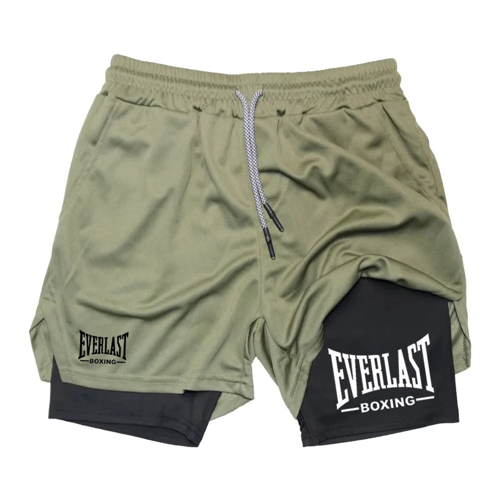 Men's Printed Double-Layer Compression Gym Shorts olive& black