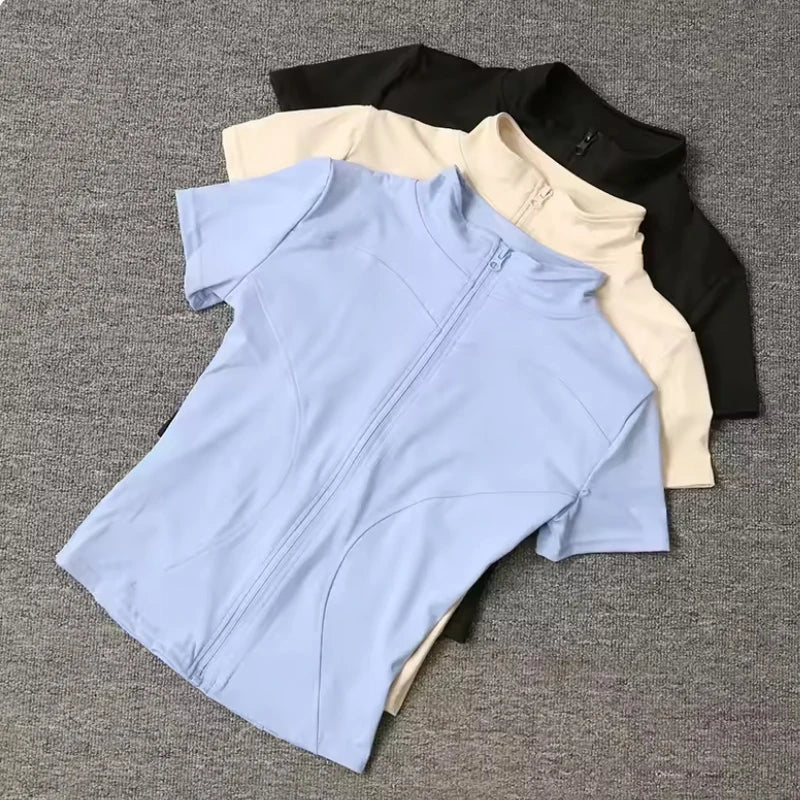 Women Sport T Shirt Slim Fit Quick-drying Full Zip Tops Outdoor Fitness Running Short Sleeve Motorcycle Riding T-shirt Yoga Wear