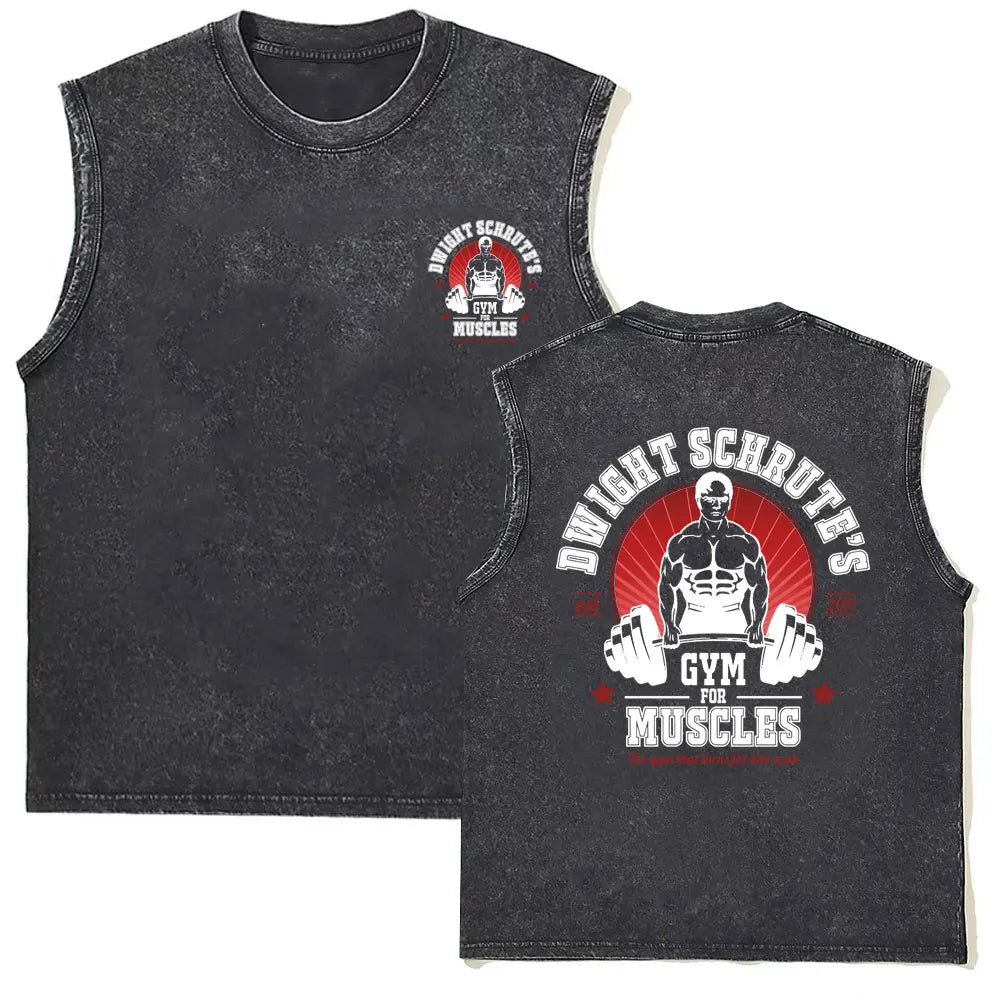 Washed Vintage Powerhouse Gym Logo Double Sided Print Tank Tops T-shirts Men Women Casual Oversized Geek Fitness Vest T Shirts