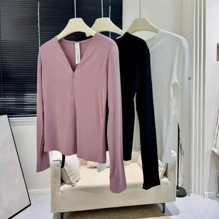 Sports Yoga Shirts Long-sleeved Tops for Women Quick-drying Fitness Pilates V Neck T-shirt Solid Black Slim Solid Training Women