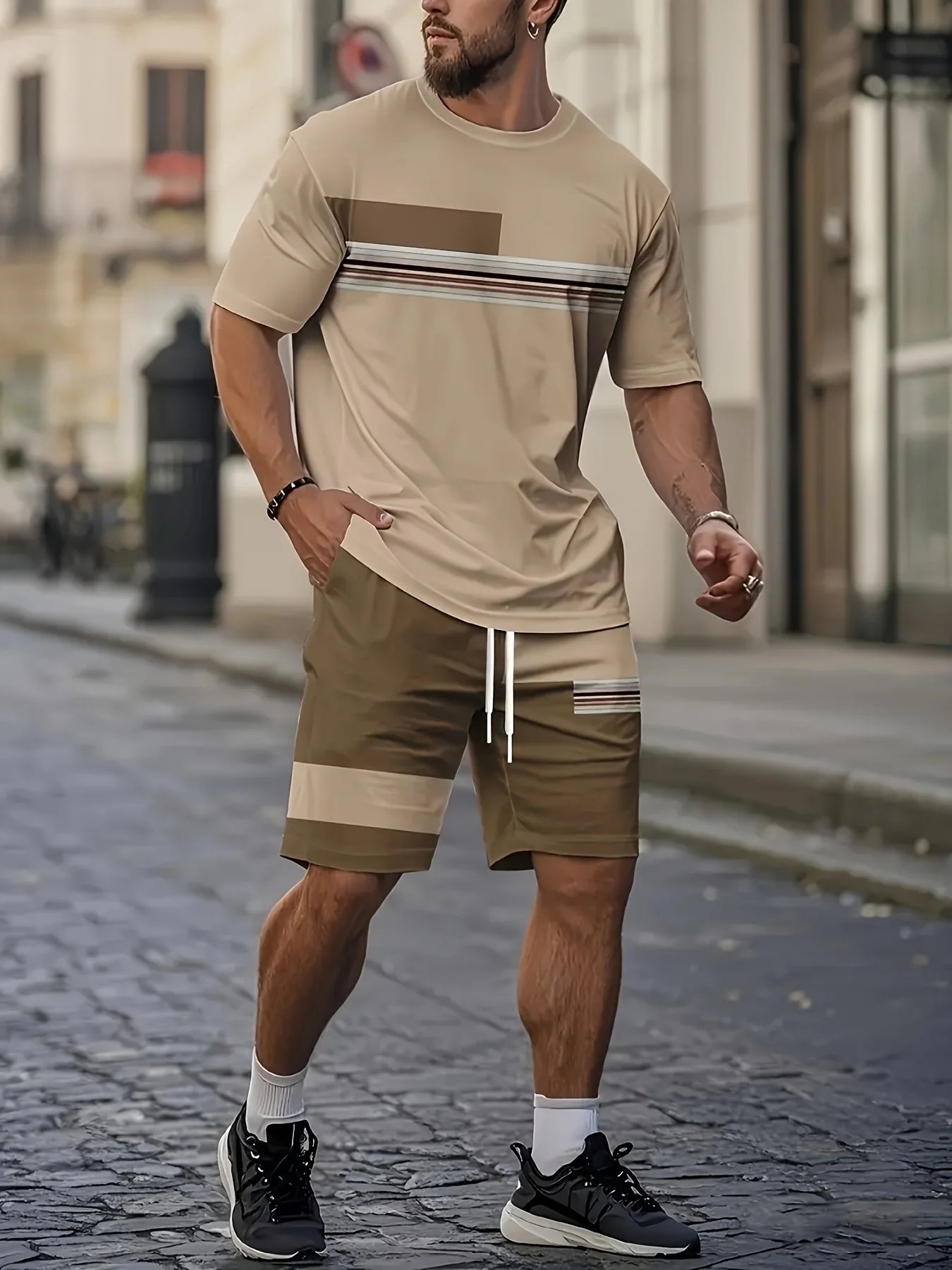 Men's 3D Print Short-Sleeve Co-ord Set Tan