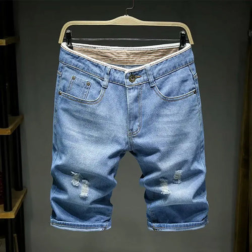 Men Denim Shorts Summer New Style Thin Section Elastic Force Slim Fit Short Jeans Male Brand Clothing Light Blue Retro Blue Sky Blue