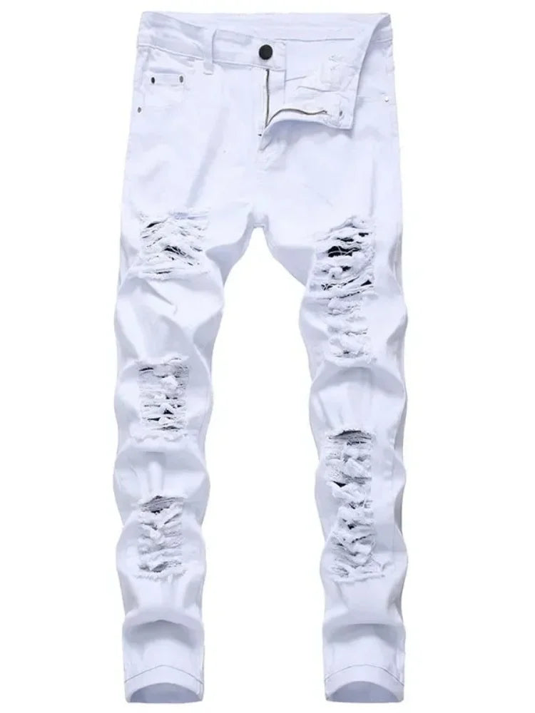 Men's White Embroidery Skinny Ripped Jeans