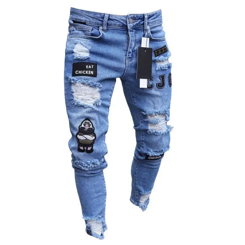 Men's White Embroidery Skinny Ripped Jeans Picture color 3