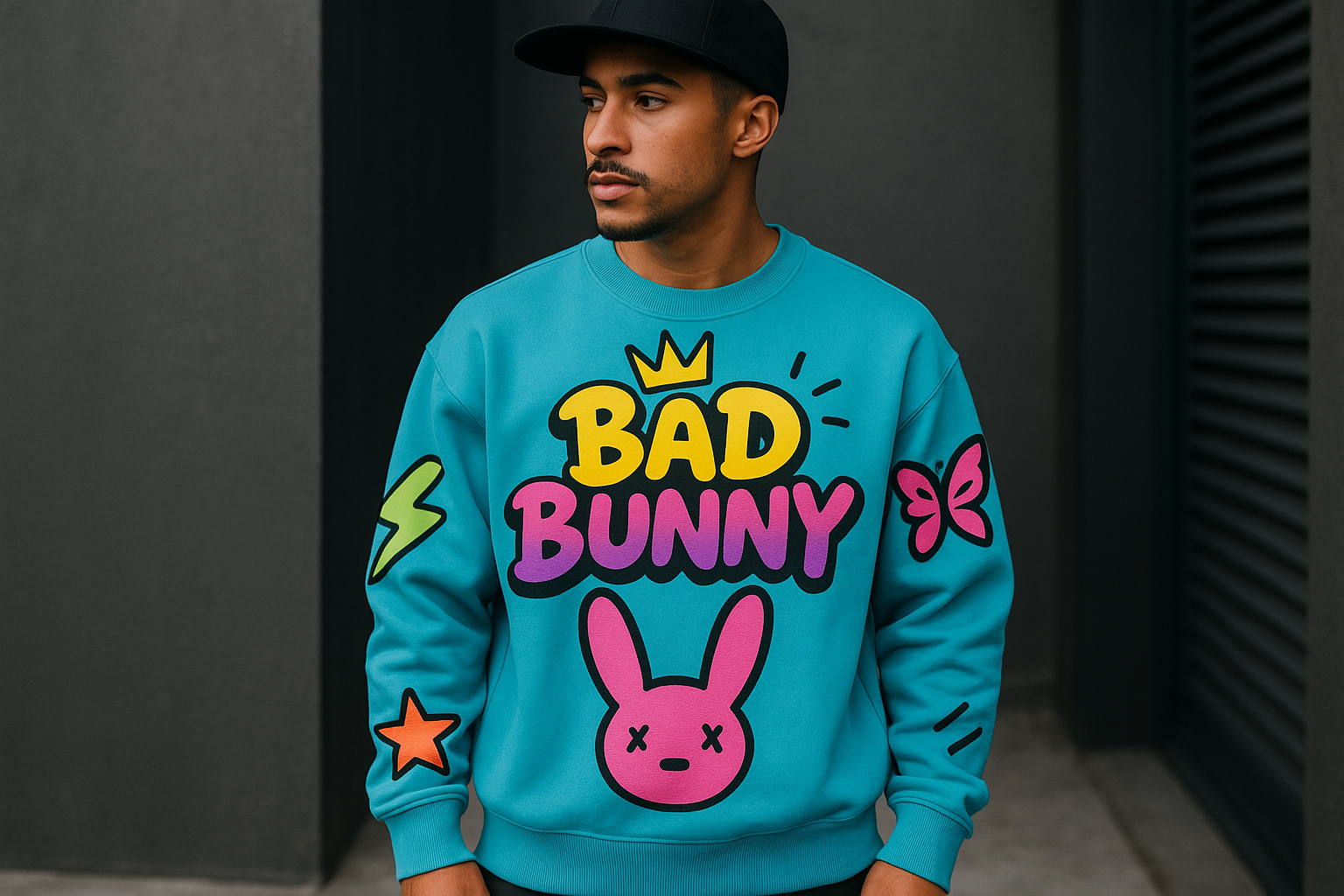 wearing one of the new sweater Bad bunny